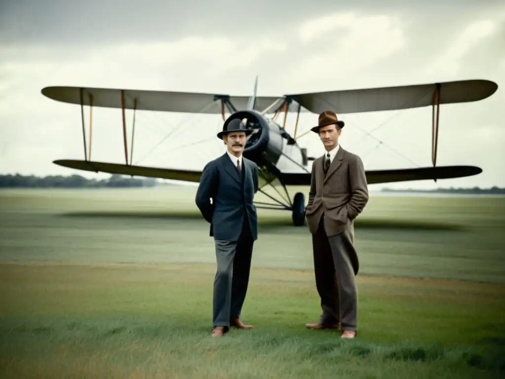 Los pioneros de la aviación historia, los hermanos Wright, posan orgullosos junto a su icónico biplano en una histórica fotografía en blanco y negro