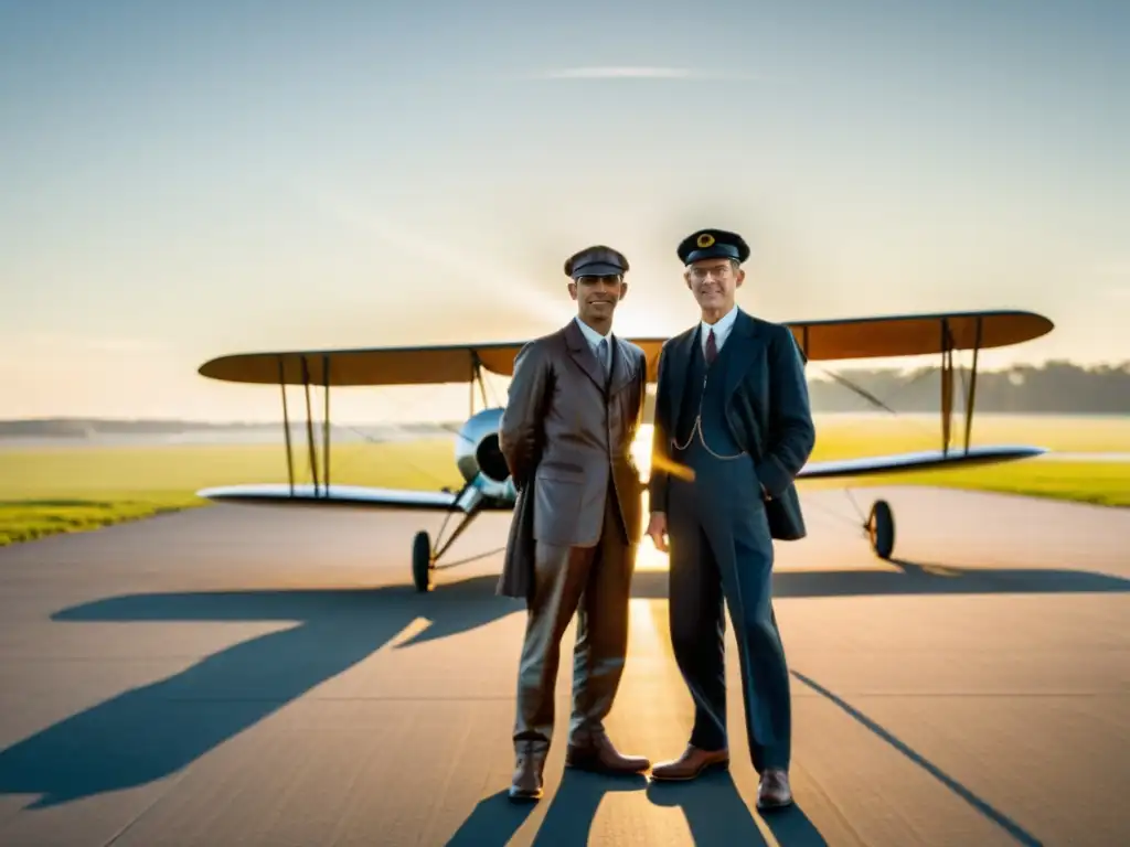 Los pioneros de la aviación historia, los hermanos Wright, posan orgullosos junto a su icónico biplano en sepia, listos para hacer historia