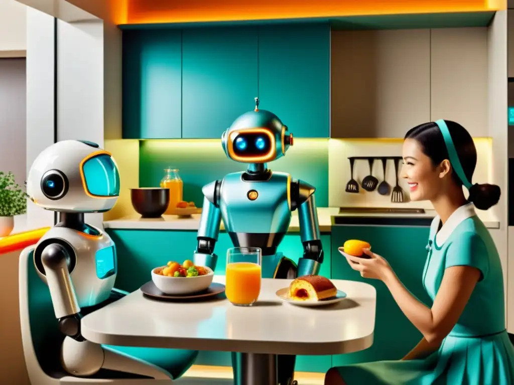 Pioneros de la AI en el Hogar: Anuncio vintage muestra hogar futurista con robot sirviendo desayuno a familia en cocina llena de tecnología avanzada