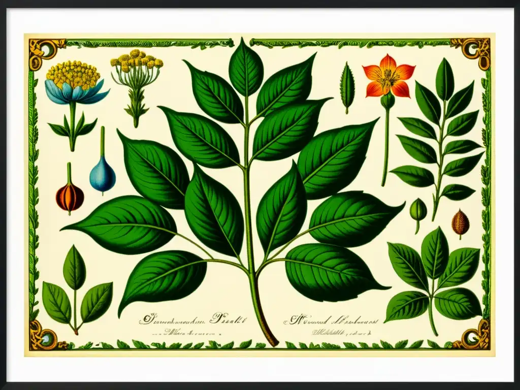 Una ilustración vintage de una planta medicinal con detalles intrincados y colores vibrantes