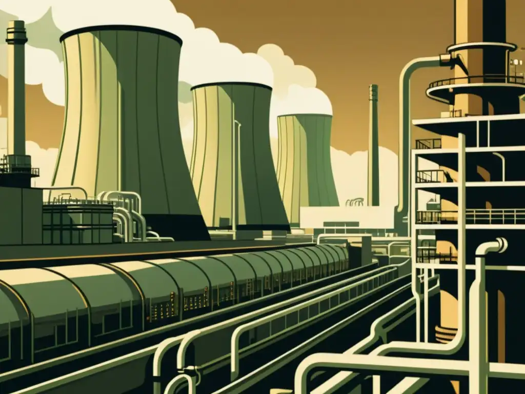 Una ilustración vintage de una planta nuclear, con detalles precisos y una estética histórica