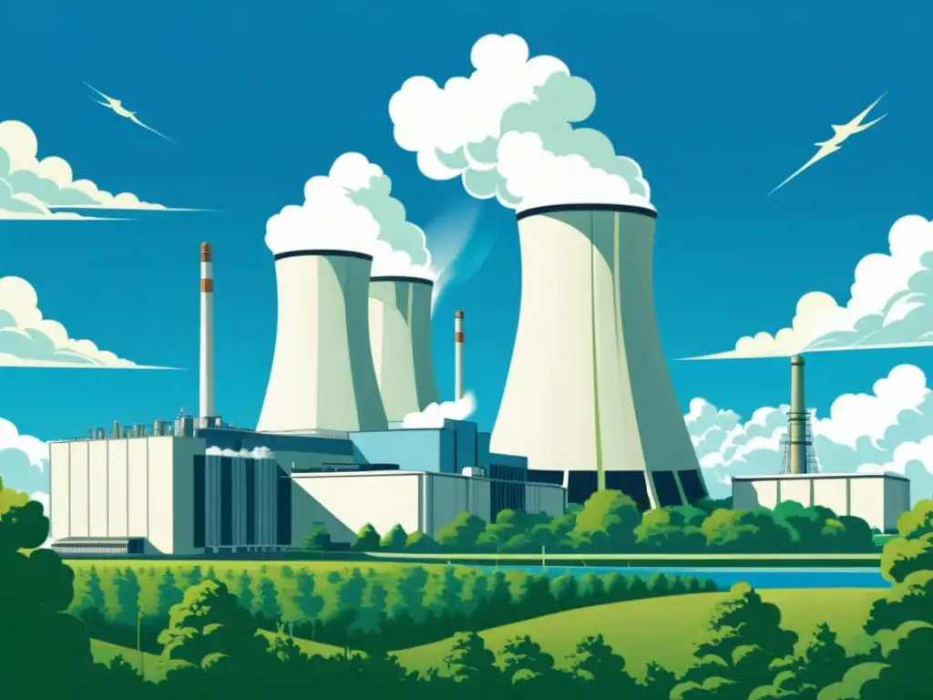 Una ilustración vintage de una planta nuclear rodeada de un exuberante paisaje verde, con un cielo azul claro y nubes blancas esponjosas en el fondo