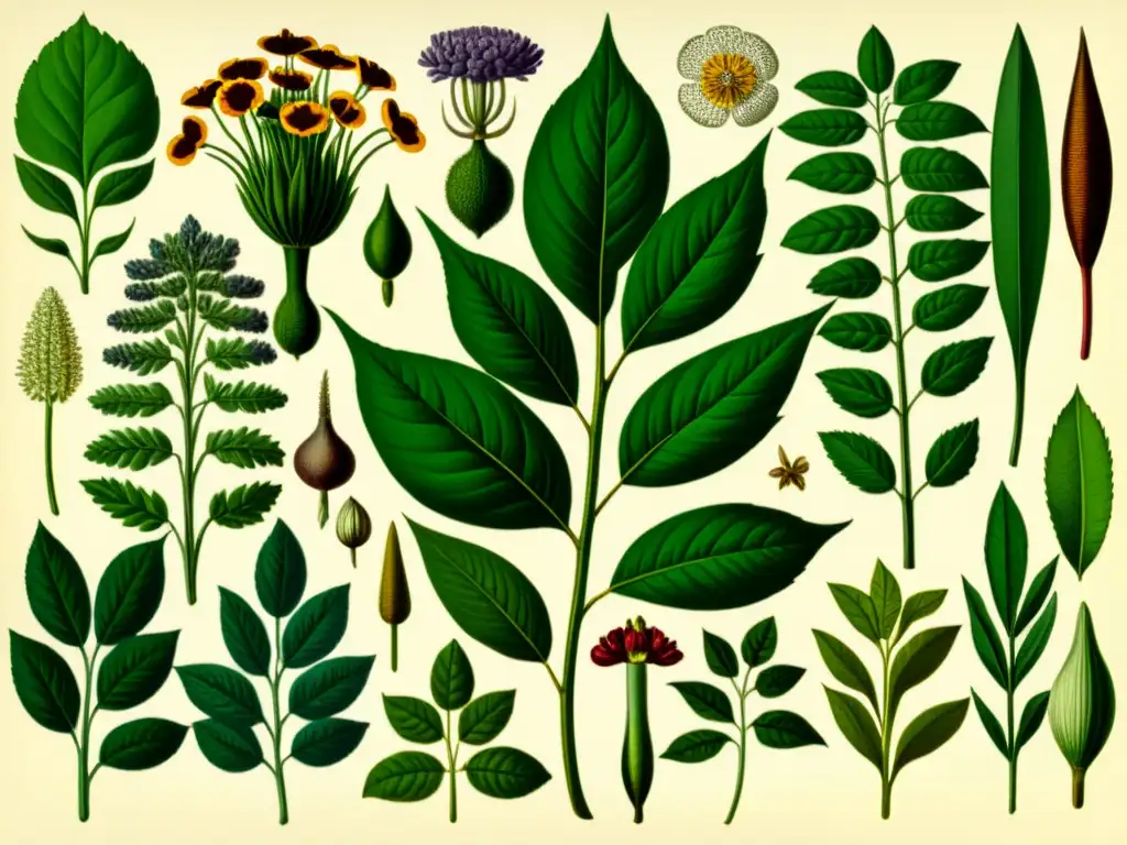 Una ilustración vintage de plantas medicinales detalladas, exudando nostalgia e invitando a explorar la historia de la biotecnología