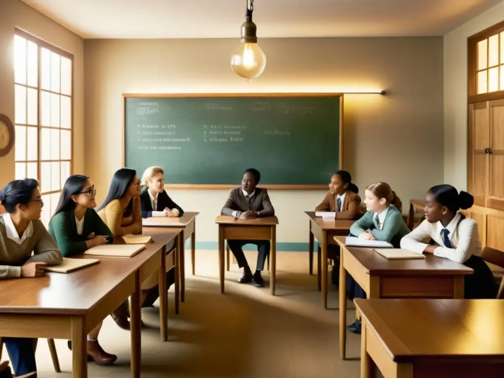 Plataforma educativa: aula vintage con estudiantes colaborando en actividades de aprendizaje en línea