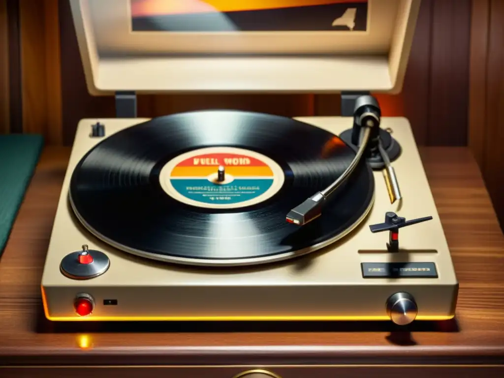 Plataformas de streaming música: Una nostálgica escena con un tocadiscos vintage y un disco de vinilo girando, iluminado por una cálida luz