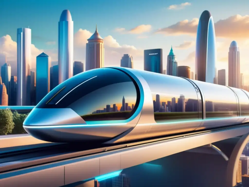 Un pod de transporte futurista Hyperloop se desliza suavemente en un túnel, con una ciudad bulliciosa de fondo