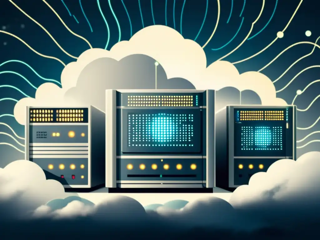 Una ilustración vintage de una poderosa supercomputadora rodeada de nubes de tormenta, procesando datos para predecir patrones climáticos