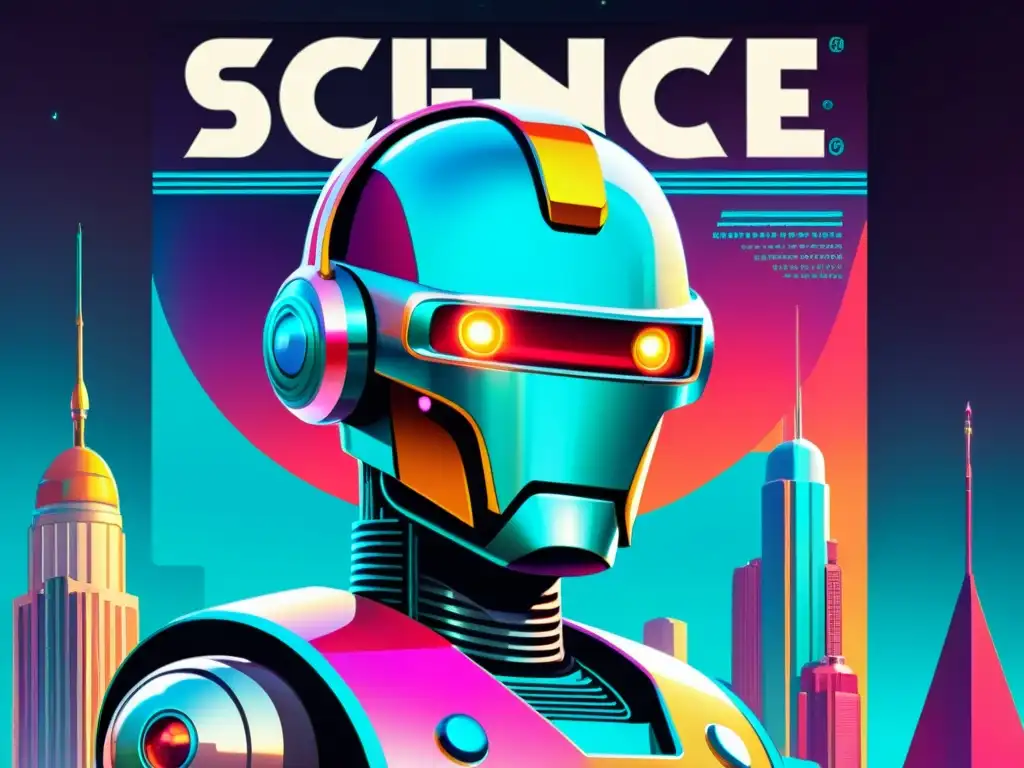 Portada de revista de ciencia ficción vintage con robot futurista y hologramas, evocando la evolución de la Inteligencia Artificial