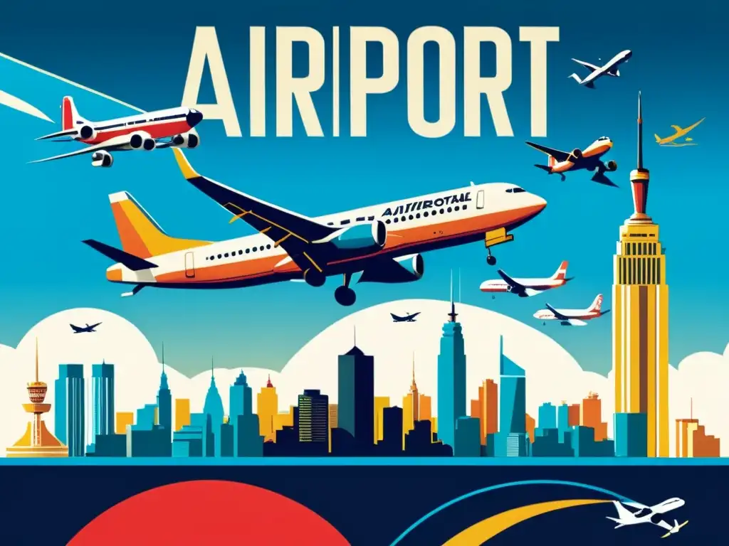 Un poster vintage muestra un bullicioso aeropuerto con aviones despegando y aterrizando, rodeado de un horizonte urbano y banderas internacionales