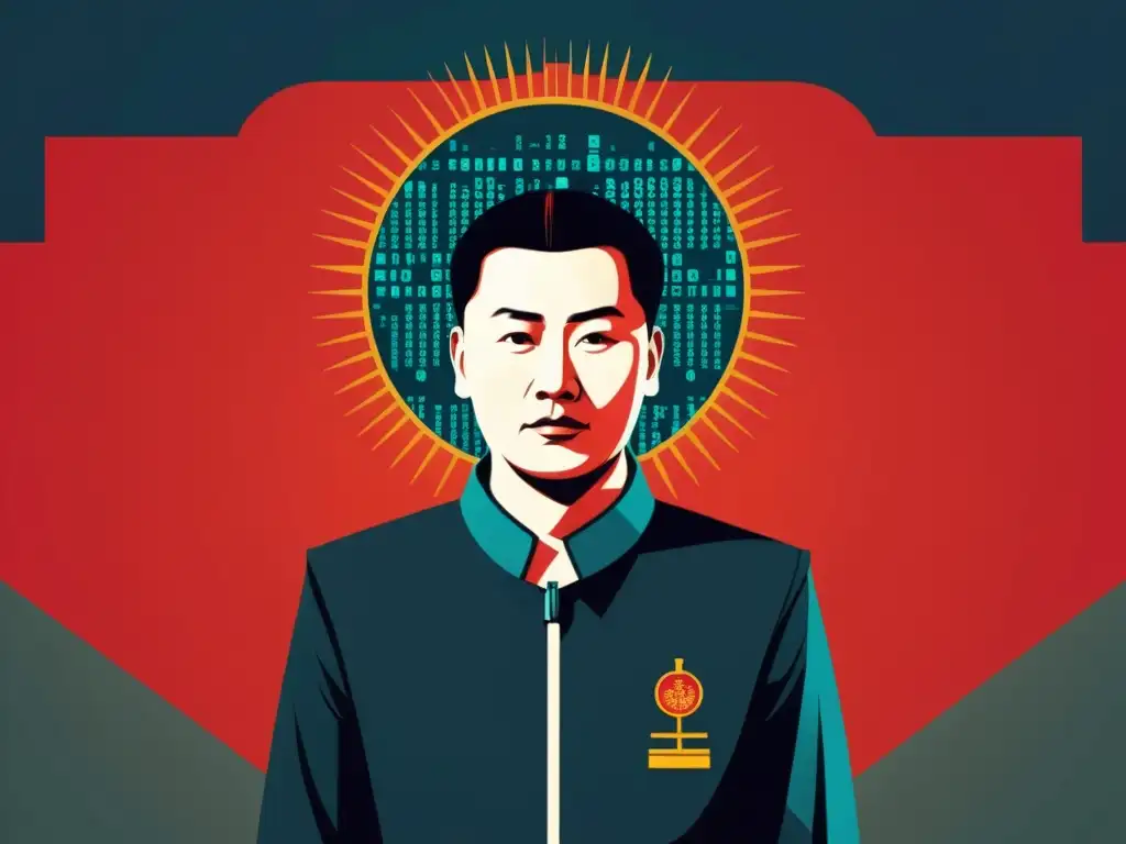 Poster vintage con figura china firme ante firewall digital y símbolos nacionales, evocando métodos de ciberdefensa estatal China