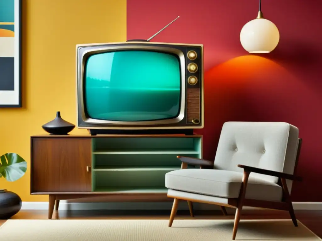 Un potente dispositivo de streaming en una televisión vintage en un acogedor salón con iluminación cálida