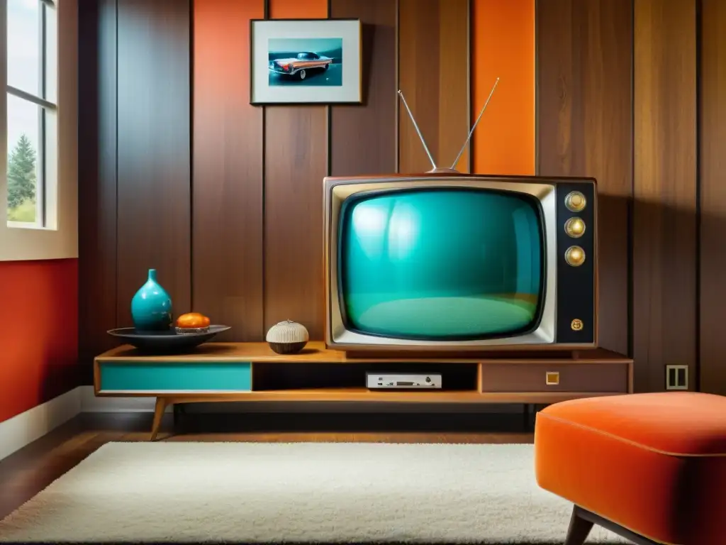 Un potente dispositivo de streaming en una televisión vintage, proyectando colores vibrantes y detalles nítidos en una acogedora sala retro de madera