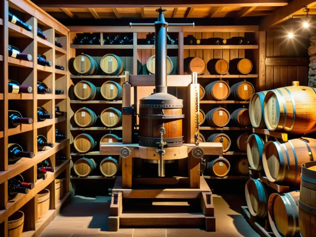 Una prensa de vino vintage con mecanismo de tornillo, rodeada de barricas de roble y botellas de vino en una bodega con iluminación suave