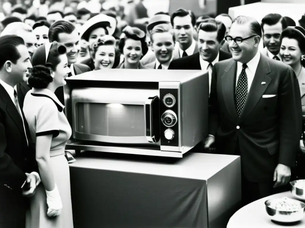 Presentación del primer microondas en una feria de los años 50, rodeado de espectadores asombrados