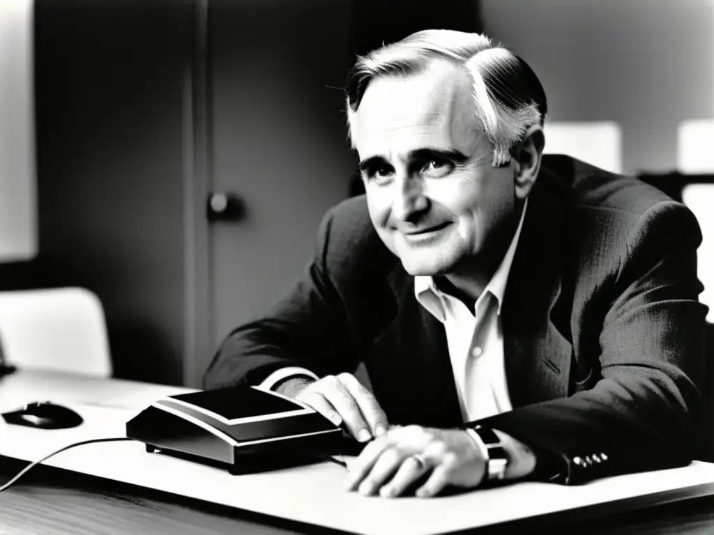 Douglas Engelbart presenta el primer ratón de computadora a colegas, reflejando la emoción e innovación de este invento humano histórico