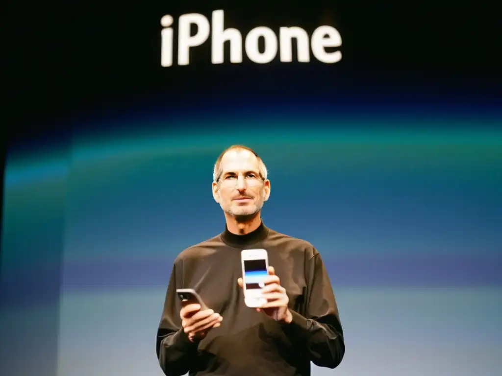 Steve Jobs presenta el primer iPhone en un escenario, con un filtro vintage que evoca la innovación de Apple en la era del iPhone