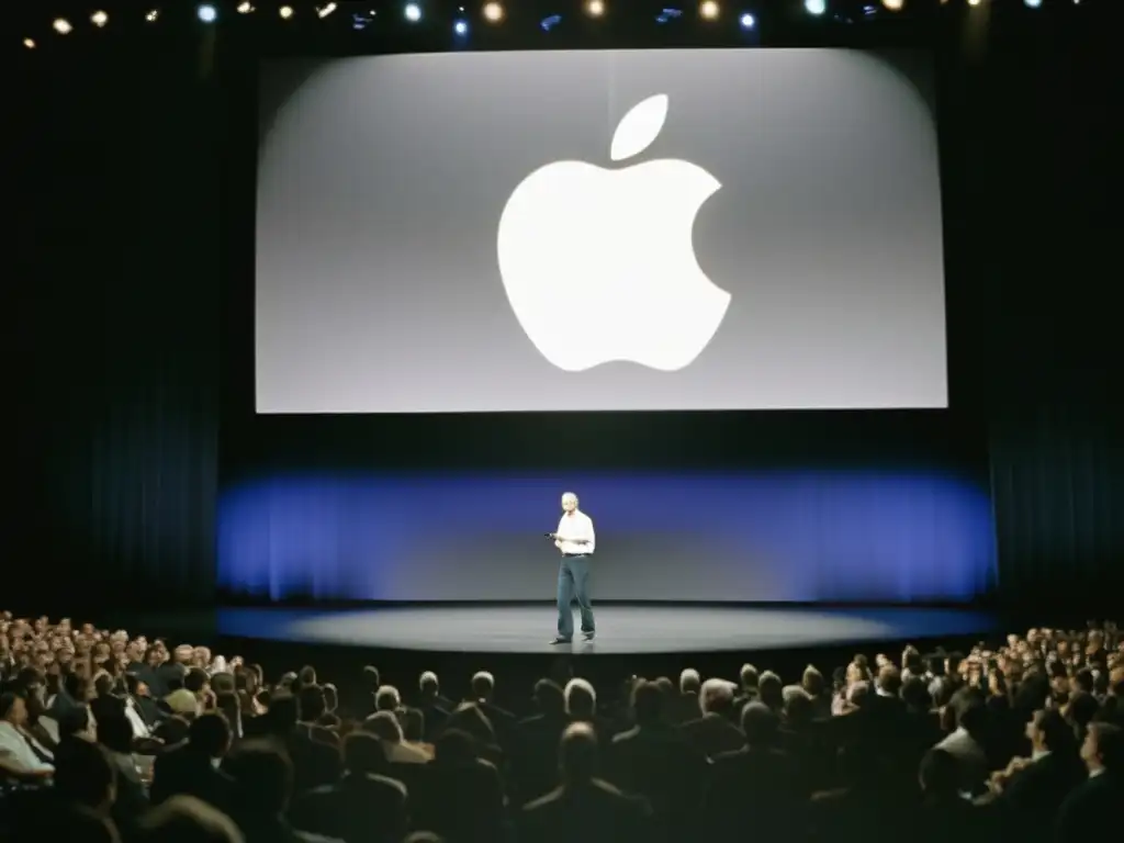 Steve Jobs revela el primer iPhone en un momento icónico de innovación de Apple en la era del iPhone, con la audiencia asombrada en un escenario tenue