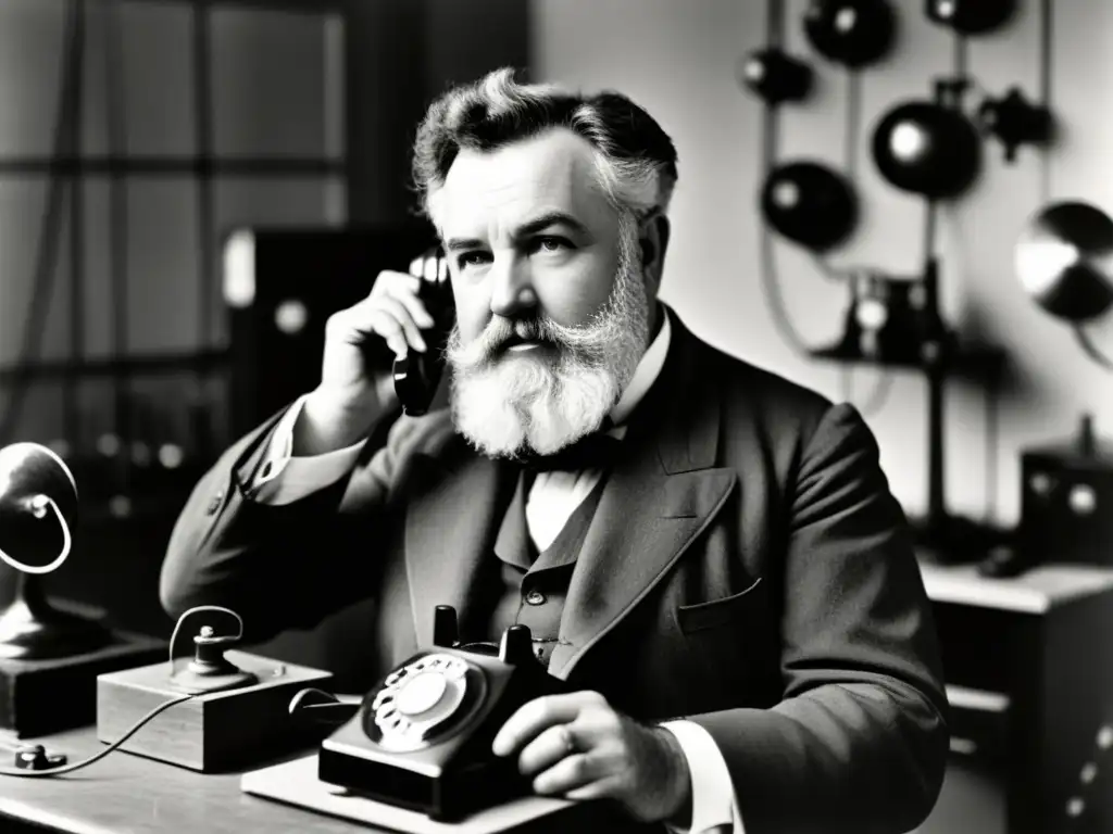 Alexander Graham Bell escucha el primer teléfono con asombro en un laboratorio vintage, evocando la historia del teléfono inalámbrico