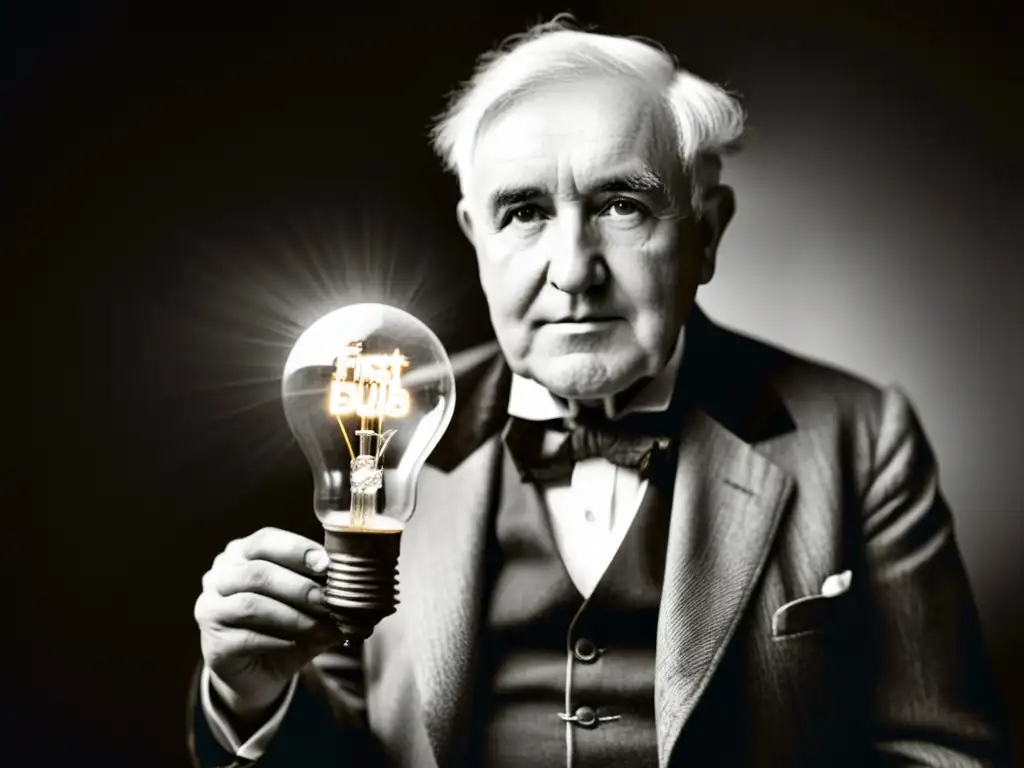 Thomas Edison sostiene la primera bombilla eléctrica, creando un ambiente nostálgico e histórico en la imagen del invento de la bombilla eléctrica