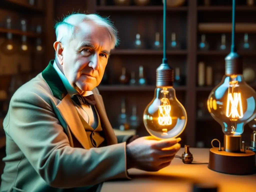 Thomas Edison sostiene la primera bombilla incandescente en un taller cálido y vintage, iluminando su rostro