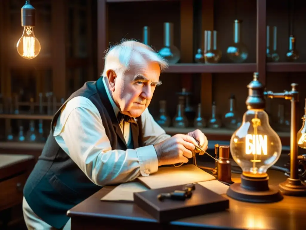 Thomas Edison examina cuidadosamente la primera bombilla patentada en su laboratorio, rodeado de equipos vintage