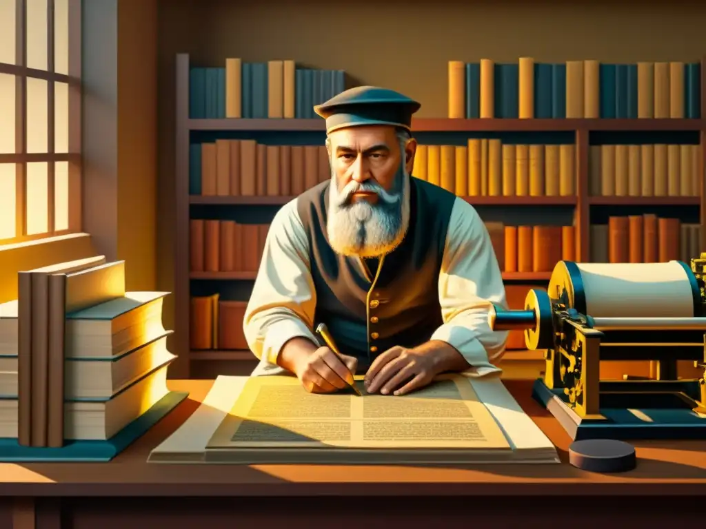 Pionero Gutenberg: Impresión revolucionaria en 8k Johannes Gutenberg opera la primera imprenta, rodeado de libros impresos y manuscritos, bañado en cálida luz dorada