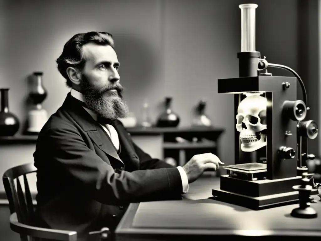 Wilhelm Conrad Roentgen realizando la primera prueba de rayos X en su laboratorio, capturando el instante histórico de su descubrimiento