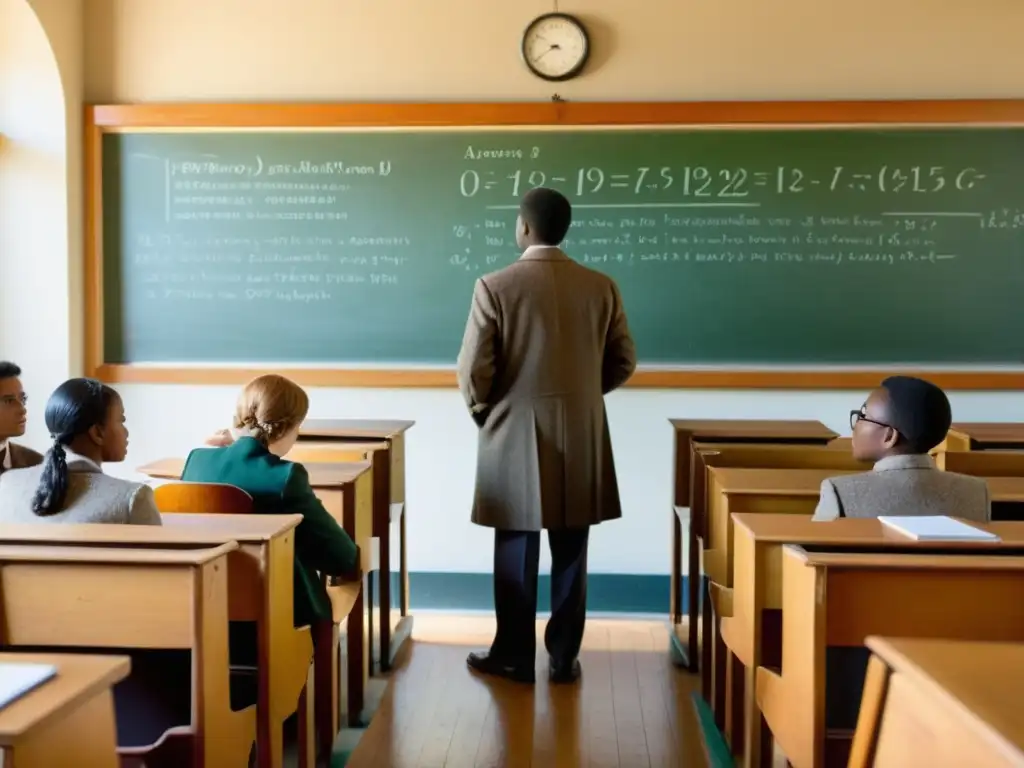 Profesor dando una clase vintage con estudiantes atentos y pizarra llena de ecuaciones