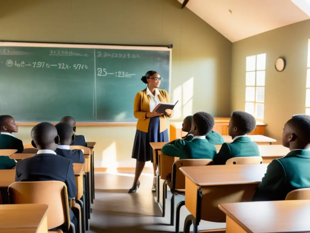 Profesor y estudiantes en aula vintage, integrando tecnología educativa redefiniendo enseñanza e innovación