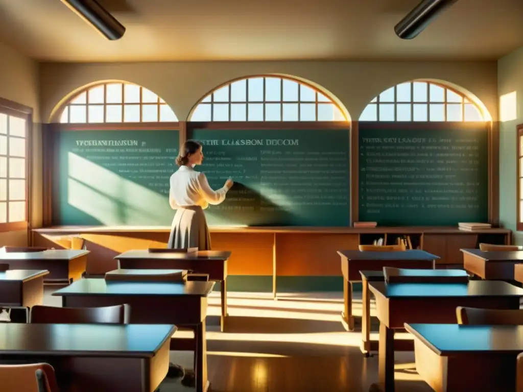 Profesor enseñando con pizarra llena de visualizaciones de datos, estudiantes con materiales personalizados en aula vintage iluminada por el sol