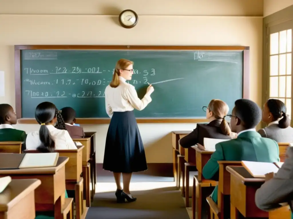 Profesor enseñando programación en aula vintage, estudiantes atentos tomando notas en un entorno educativo nostálgico y efectivo