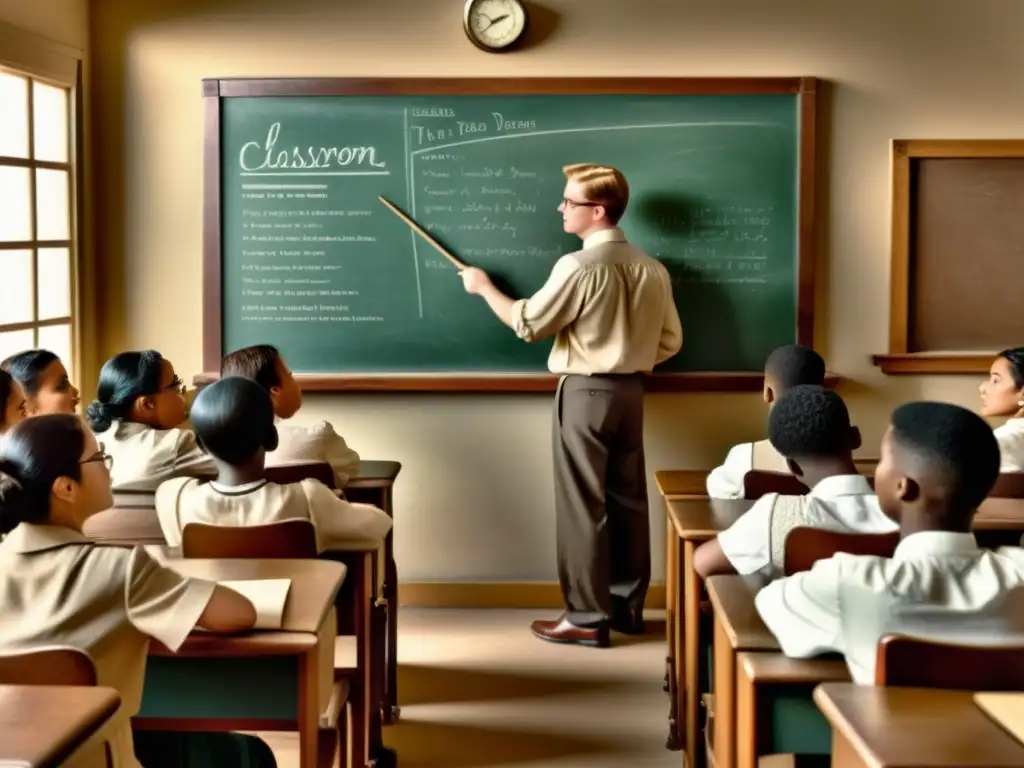 Profesor enseñando programación en escuelas efectiva a estudiantes atentos en aula vintage