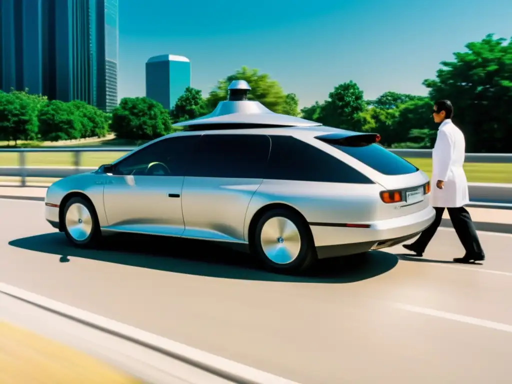 Un prototipo de coche autónomo de los 90 es observado por ingenieros en una calle suburbana