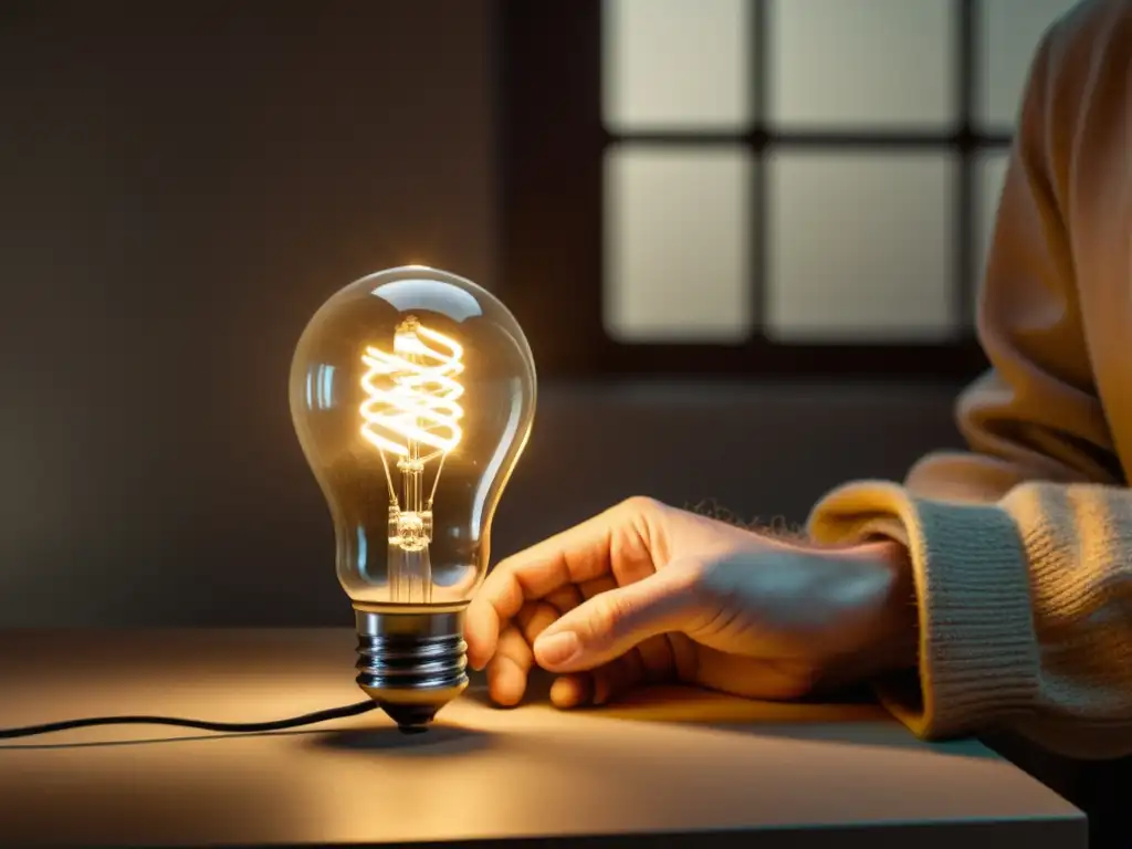 Prototipo histórico de bombilla LED, con detalles intrincados y un brillo suave en el laboratorio