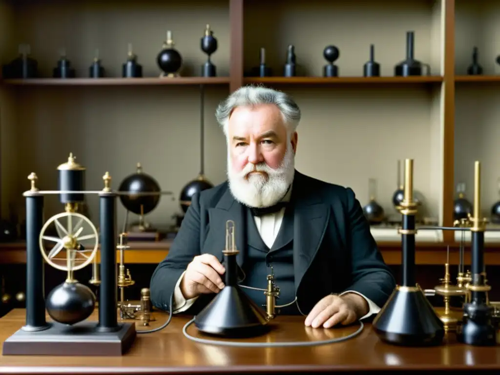 Alexander Graham Bell ajustando un prototipo de teléfono en su laboratorio, evocando la historia del teléfono inalámbrico