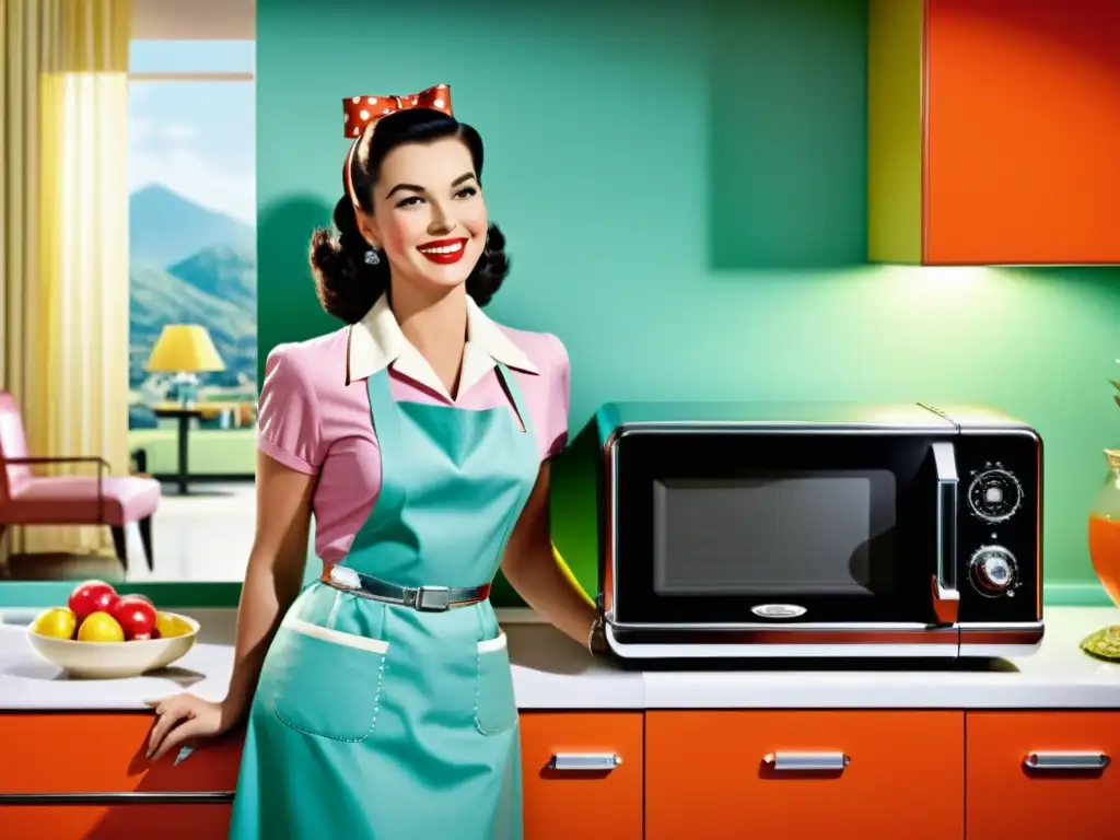 Una publicidad vintage de los años 50 muestra alegre ama de casa con microondas de diseño futurista en la cocina