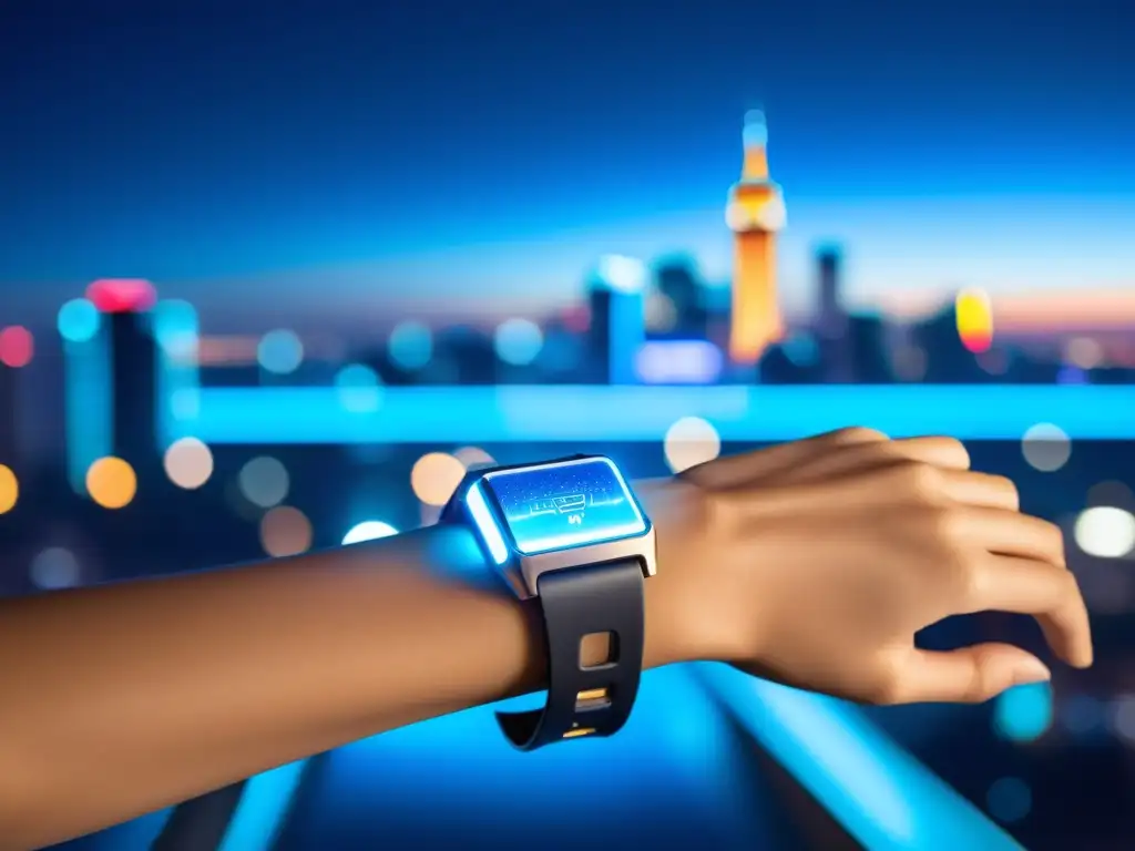 Pulsera de actividad futurista con holograma y luces azules, en una ciudad futurista iluminada por neón y coches voladores