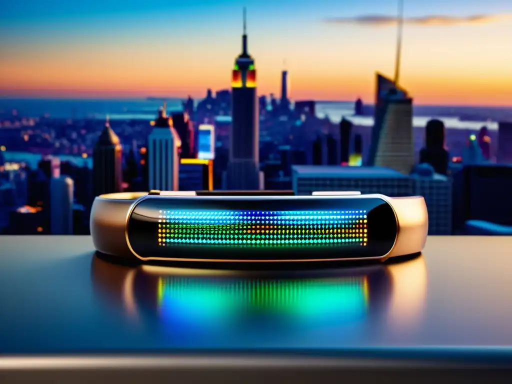 Una pulsera de actividad futurista, con luces LED y detalles metálicos, se muestra en un paisaje urbano de atardecer