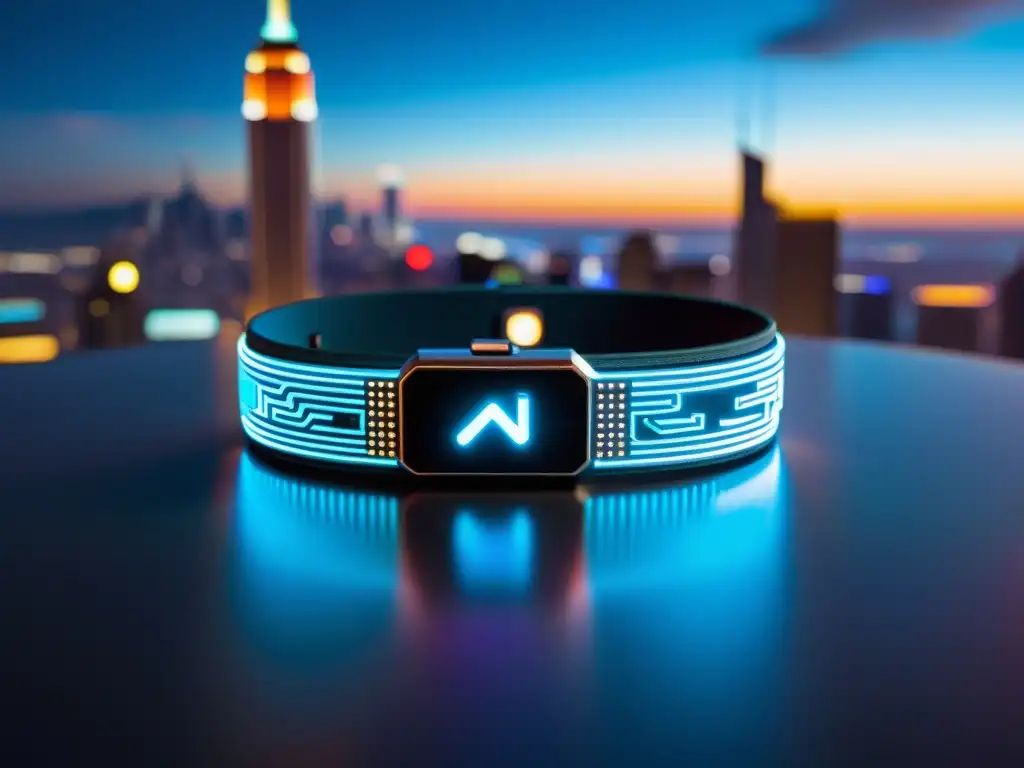 Una pulsera de actividad futurista con pantalla holográfica y diseño de circuitos, en una ciudad retrofuturista llena de luces y actividad