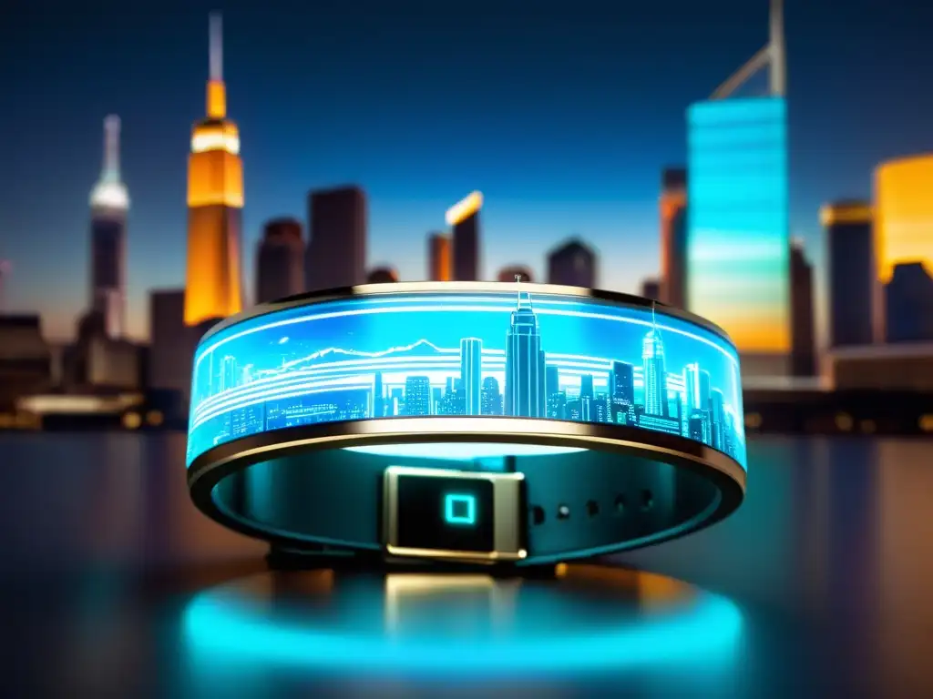 Una pulsera de actividad futurista emite un suave brillo azul ante un paisaje urbano, fusionando tecnología avanzada con diseño vintage