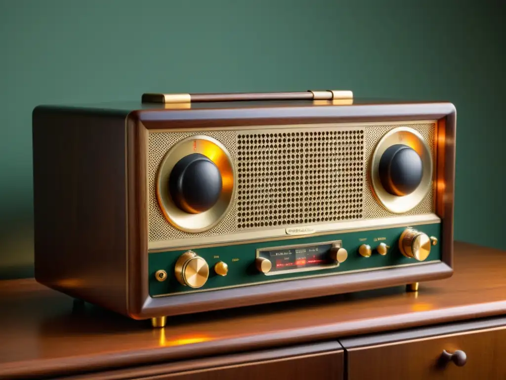 Una radio vintage sobre un gabinete de madera, con tubos al vacío brillantes y detalles intrincados, evocando el impacto de la radio en la sociedad