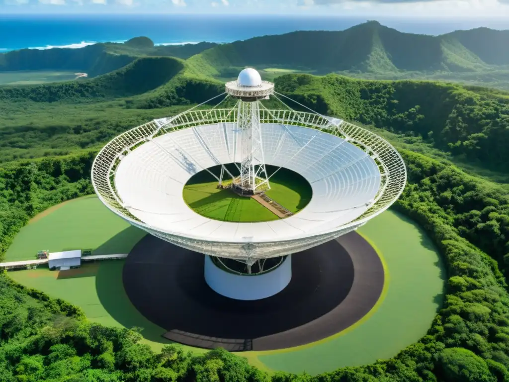 Radiotelescopio Arecibo en Puerto Rico, monumental estructura entre el paisaje verde y el cielo estrellado, historia de descubrimientos en el espacio