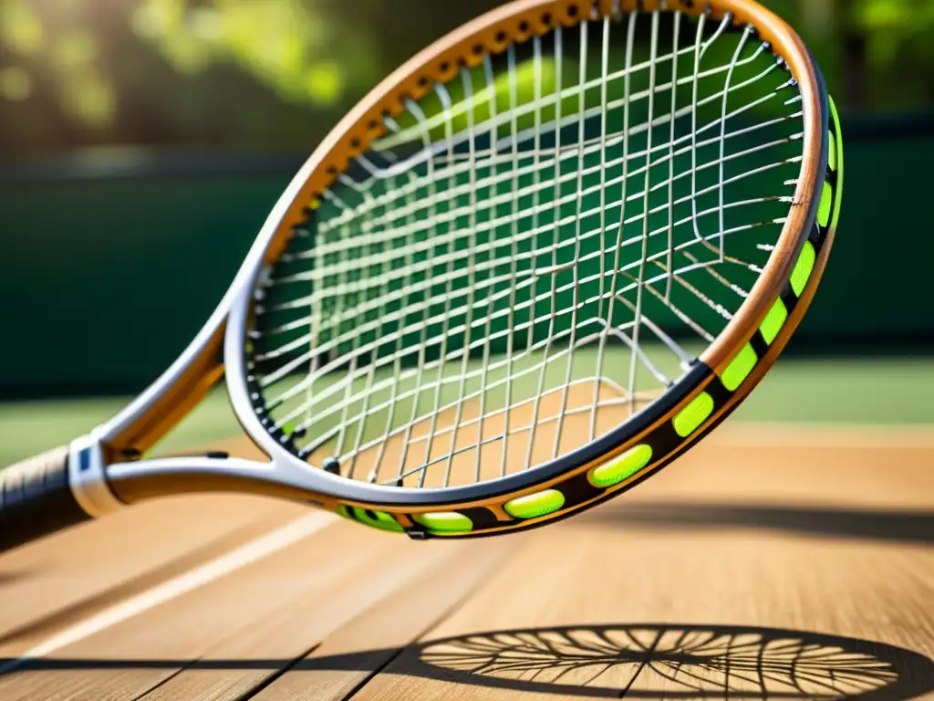 Raqueta de tenis vintage con cuerdas de nanotecnología, sobre una cancha de madera envejecida