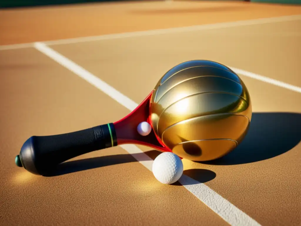 Raqueta de paddleball vintage y pelotas de alta tecnología en la cancha Innovación en raquetas de pádel: Imagen vintage de raqueta y pelotas modernas en una cancha tradicional bañada por cálida luz dorada
