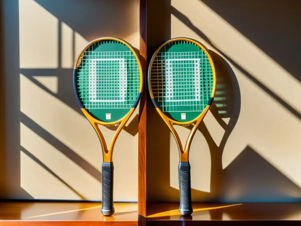 Dos raquetas de tenis, una vintage de madera y otra moderna de fibra de carbono, muestran la evolución de avances tecnológicos en raquetas de tenis