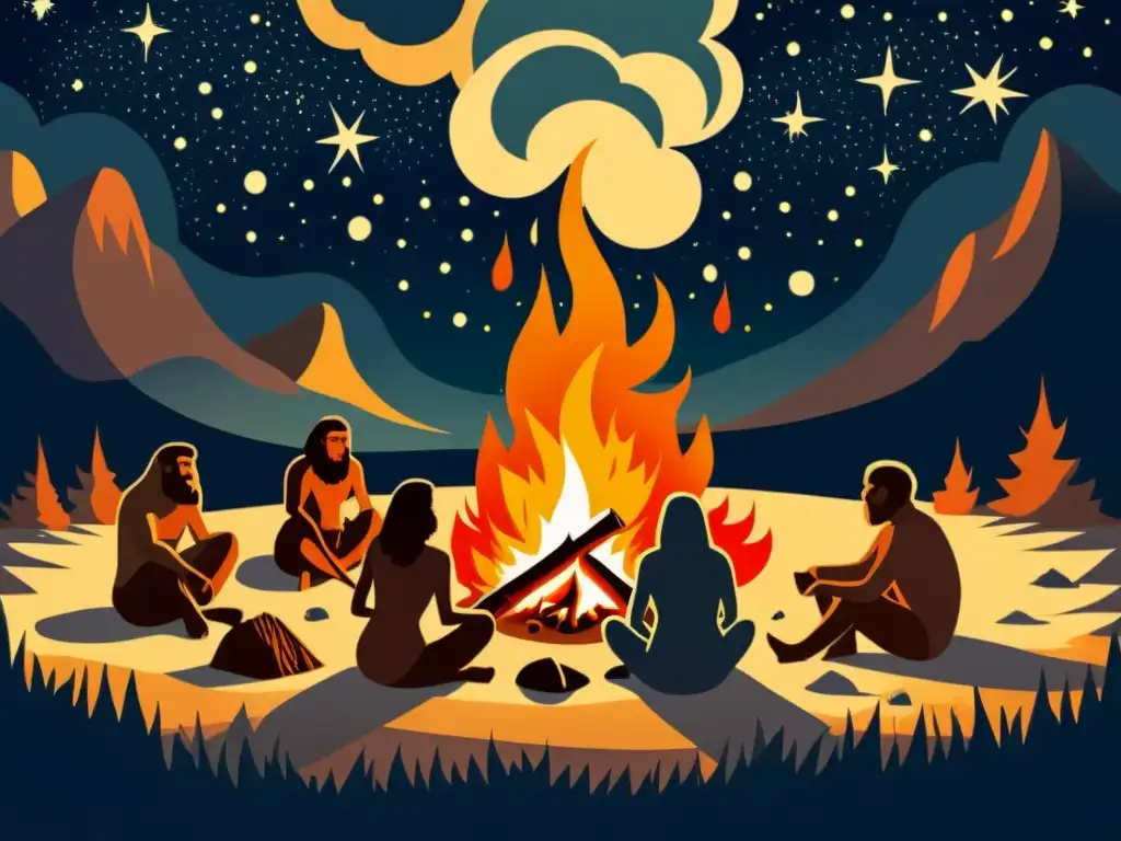 Reconstrucción detallada de la importancia del fuego en prehistoria, con humanos alrededor de una fogata en la noche estrellada