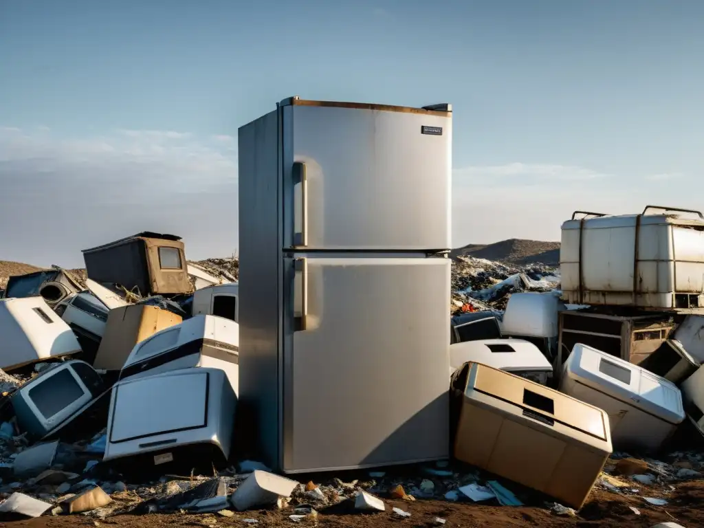 Refrigerador antiguo en vertedero, rodeado de desechos