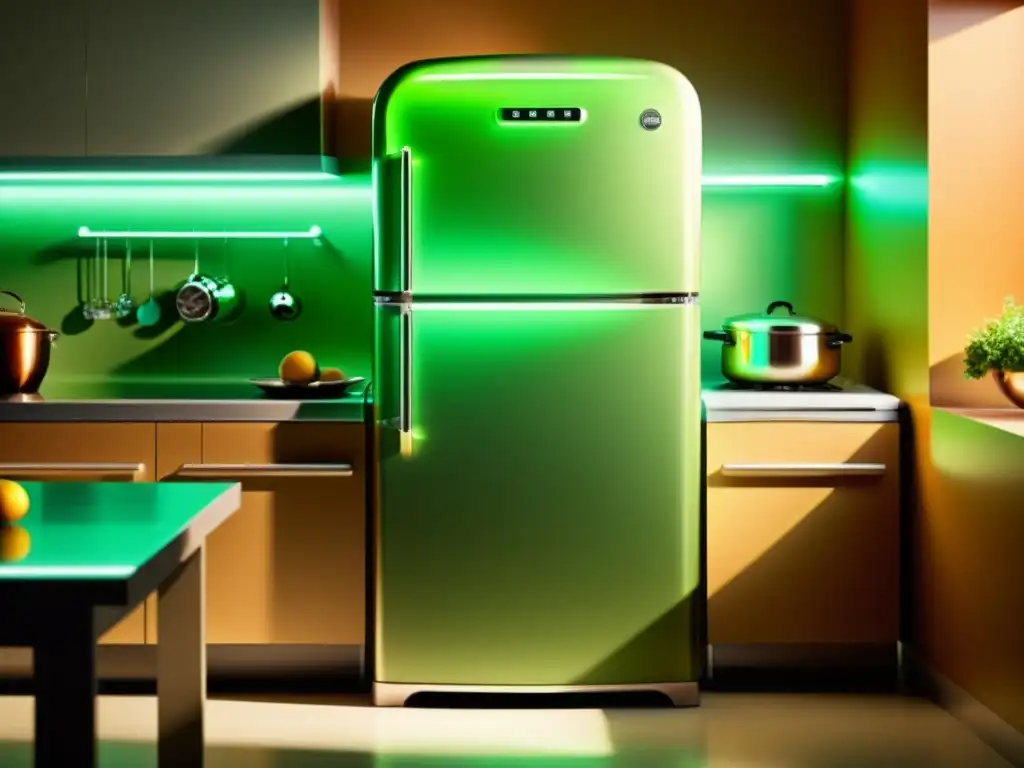 Refrigerador ecofriendly con tecnología avanzada en una cocina retro, emitiendo una suave luz verde