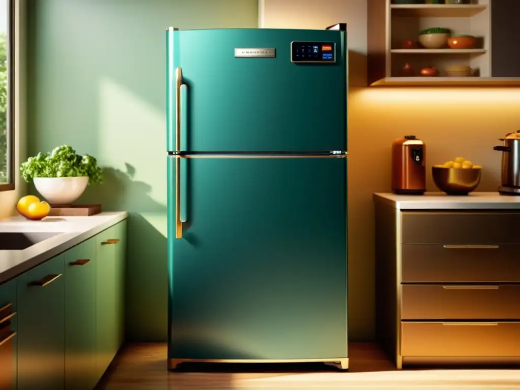 Refrigerador moderno con avances en eficiencia energética y estilo vintage en una cocina cálida y acogedora