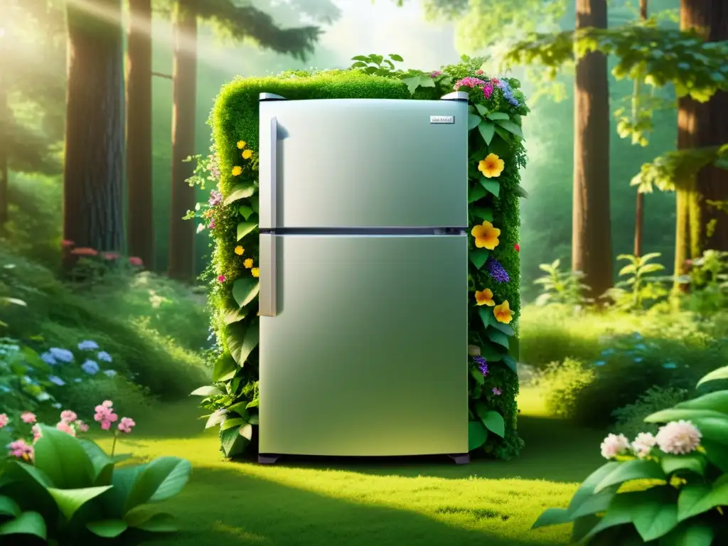 Un refrigerador moderno y eficiente en un bosque exuberante, simbolizando avances en eficiencia energética refrigeradores con armonía natural